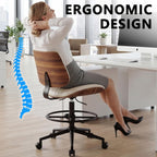 Drafting Chair with Adjustable Footrest, Armless Modern Tall Office Chair for Standing Desk, PU Leather Swivel Stool in Curved Bentwood Style, Ergonomic Rolling Walnut Chair for Office(Beige)