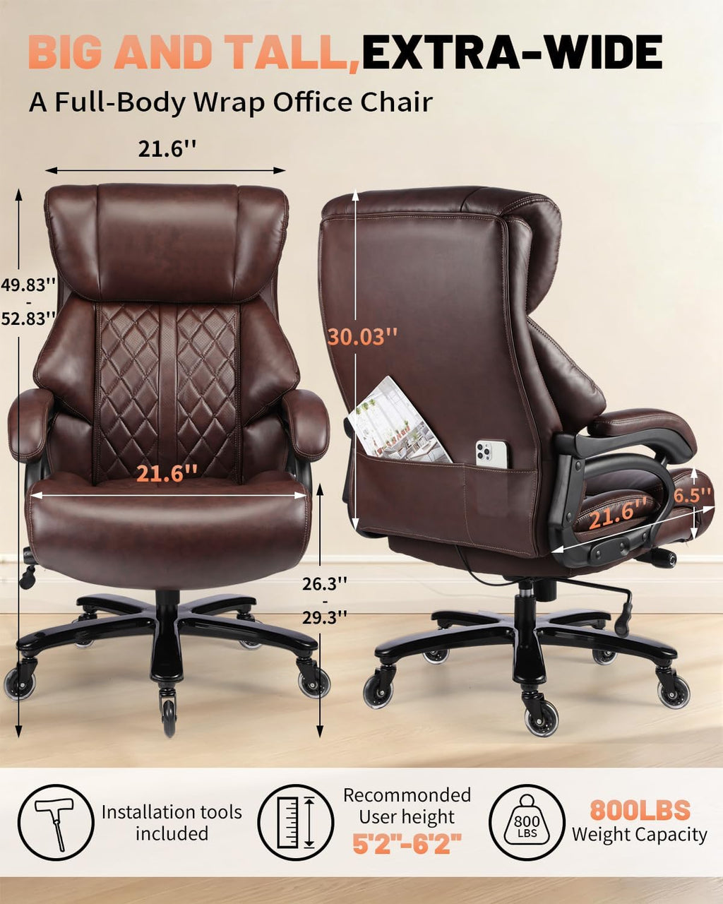 800lbs Executive Chairs, Executive Desk Chairs with Adjustable Lumbar Support, Office Chair for Heavy People, Heavy Duty Office Chair with Quiet Rubber Wheel and Extra Wide seat