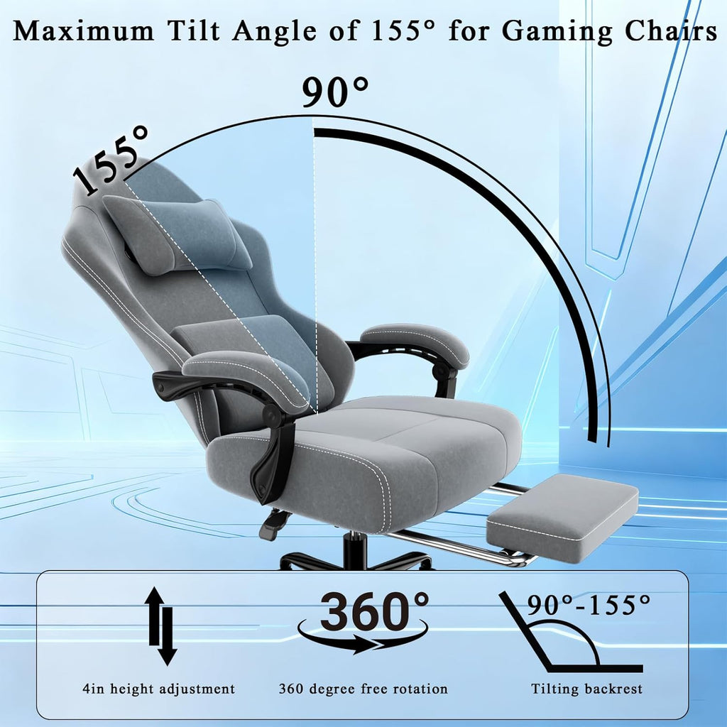 Massage Gaming Chair for Adults, Ergonomic Video Game Chair with Lumbar Support and Footrest, Height Adjustable Fabric Computer Chair with Pocket Spring Cushion (Light Gray)