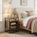 Side Table with 2 Tier Storage Cabinet, Small End Tables Wood Solid with Glass Top, Rustic Industrial Bedside Nightstand for Bedroom, Living Rooms, Small Spaces