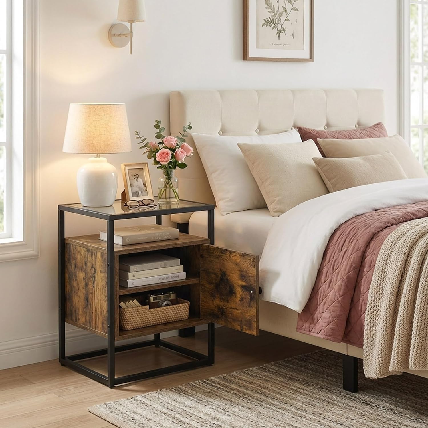 Side Table with 2 Tier Storage Cabinet, Small End Tables Wood Solid with Glass Top, Rustic Industrial Bedside Nightstand for Bedroom, Living Rooms, Small Spaces
