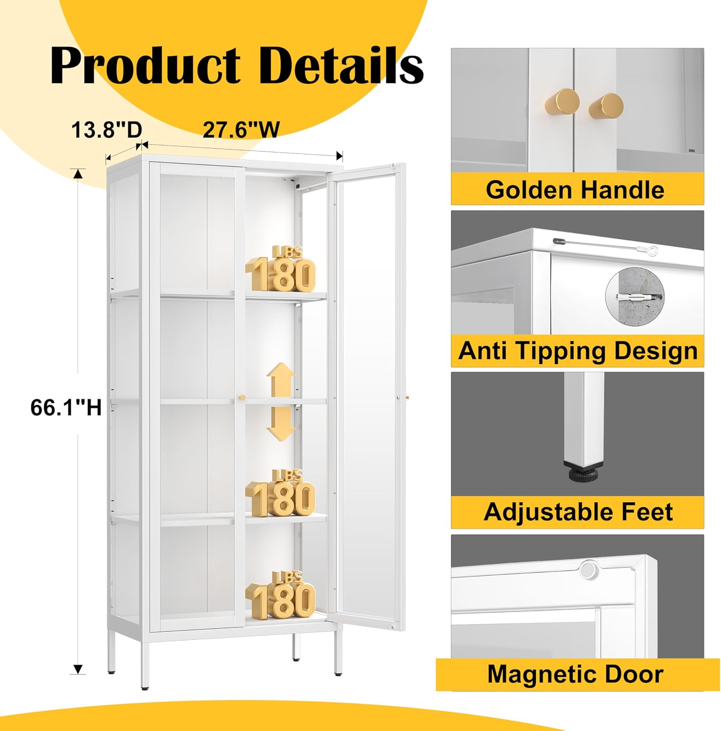 66"Glass Display Cabinet with 3 Color LED Lights,Metal Curio Cabinet with Glass Doors,4-Tier Display Case for Collectibles,Trophy,Plant,White Storage Cabinets For Living Room - Assemble Required