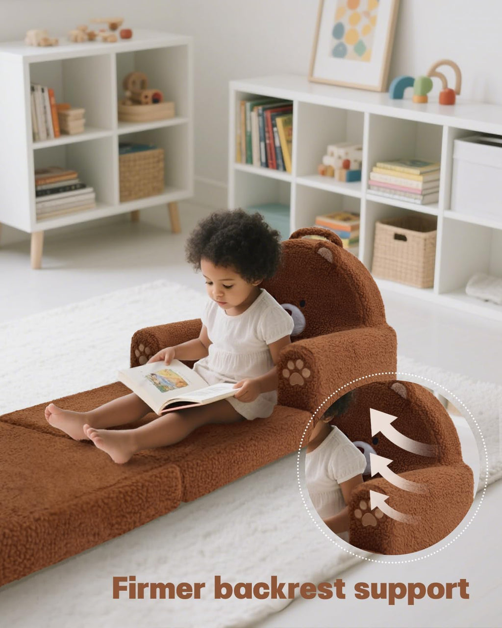 MOONBEEKI 2-in-1 Foldable Toddler Couch, Soft Sherpa Fabric with Washable Cover, Convertible Sofa to Lounger, Kids Sofa for Playroom, Bedroom, Living Room, Birthday Gift, Bear, Medium