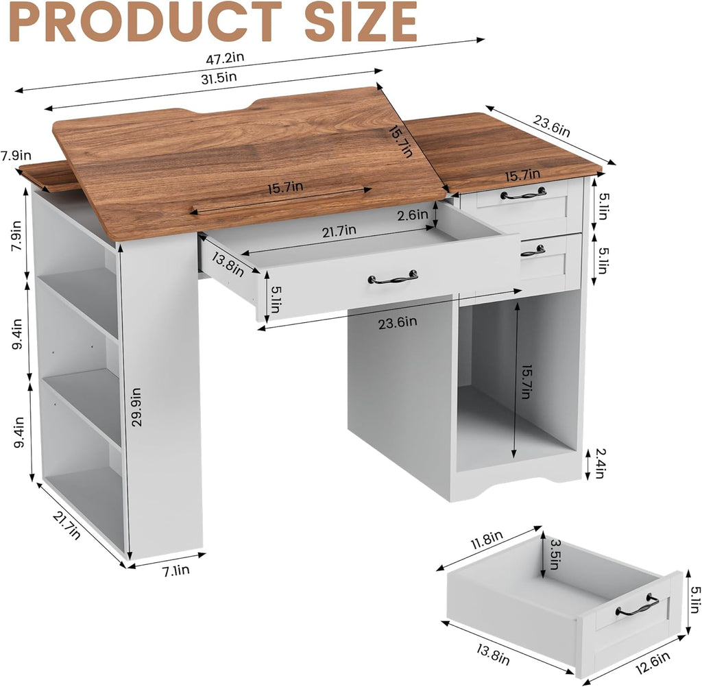 Drafting Table with Storage Cabinet & Drawers, Adjustable Drawing Desk with Open Shelves, Craft Table Painting Desk for Artists, Painters, Drawing, Crafting, Reading, Writing, Working