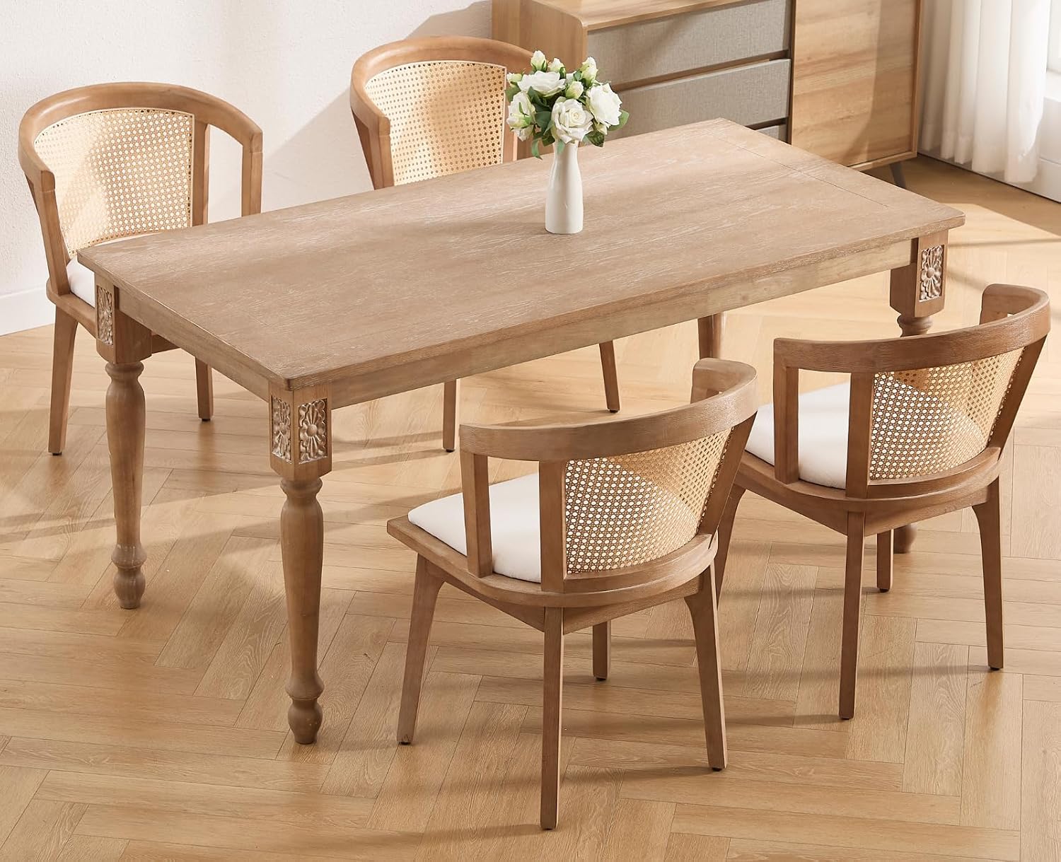 CIMOTA Mid-Century Modern Rattan Wood Dining Chairs Set of 4, Farmhouse Kitchen Chairs with Barrel Cane Backrest/Upholstered Seat/Natural Oak Finish for Dining Room/Cafe/Bistro, Linen Beige
