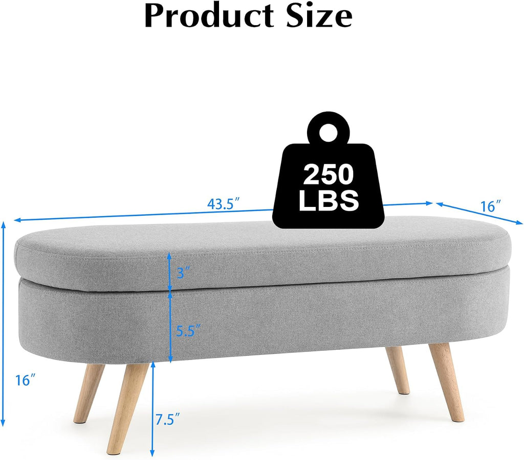 Storage Bench, 43" Storage Ottoman Bench for Bedroom, Upholstered Entryway Benches with Seating, Rubber Wood Legs, Shoe Storages Benches for Bedroom, Living Room, Entryway, Bed Side, Grey