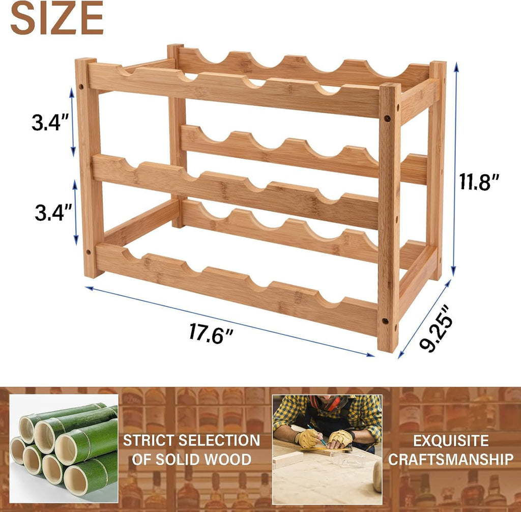 LEIMO KPARTS Bamboo Wine Rack, 3-Tier Sturdy and Durable Wine Storage Cabinet Shelf, Wine Racks Countertop for Kitchen Pantry Dining Room Bar,12 Bottles Wine Rack