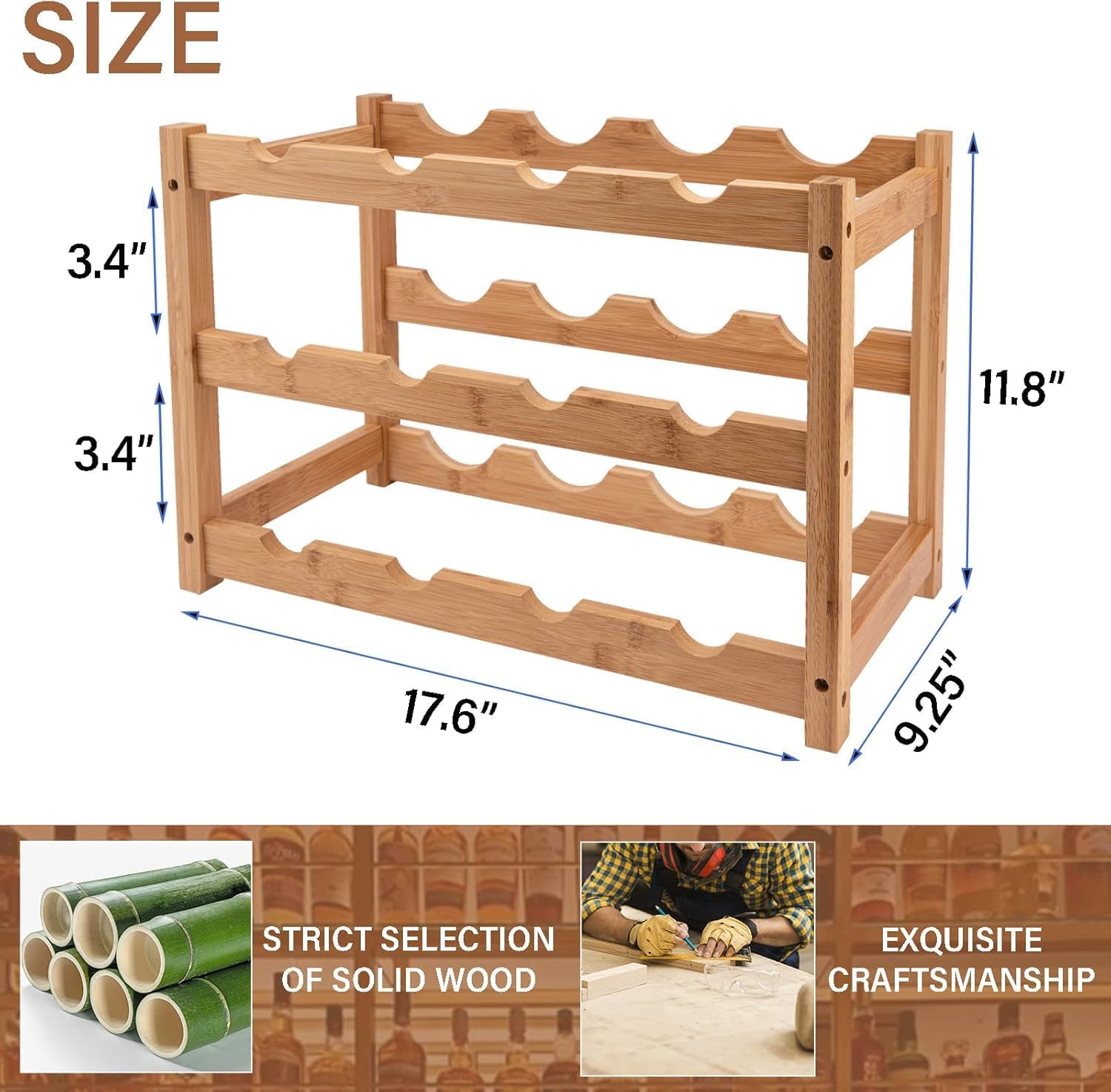 LEIMO KPARTS Bamboo Wine Rack, 3-Tier Sturdy and Durable Wine Storage Cabinet Shelf, Wine Racks Countertop for Kitchen Pantry Dining Room Bar,12 Bottles Wine Rack
