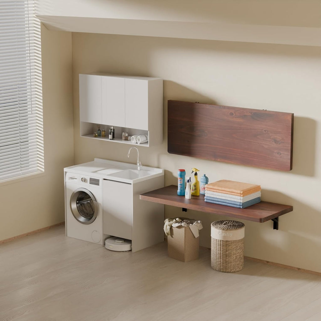 IAE Wall Mounted Folding Table with Pine Wood,36" x 14" Floating Wall Desk,Laundry Folding Table with Shelf Brackets,Fold Down Desk Shelf,Fold Workbench for Apartments,Home,Laundry Room,Kitchen,Brown