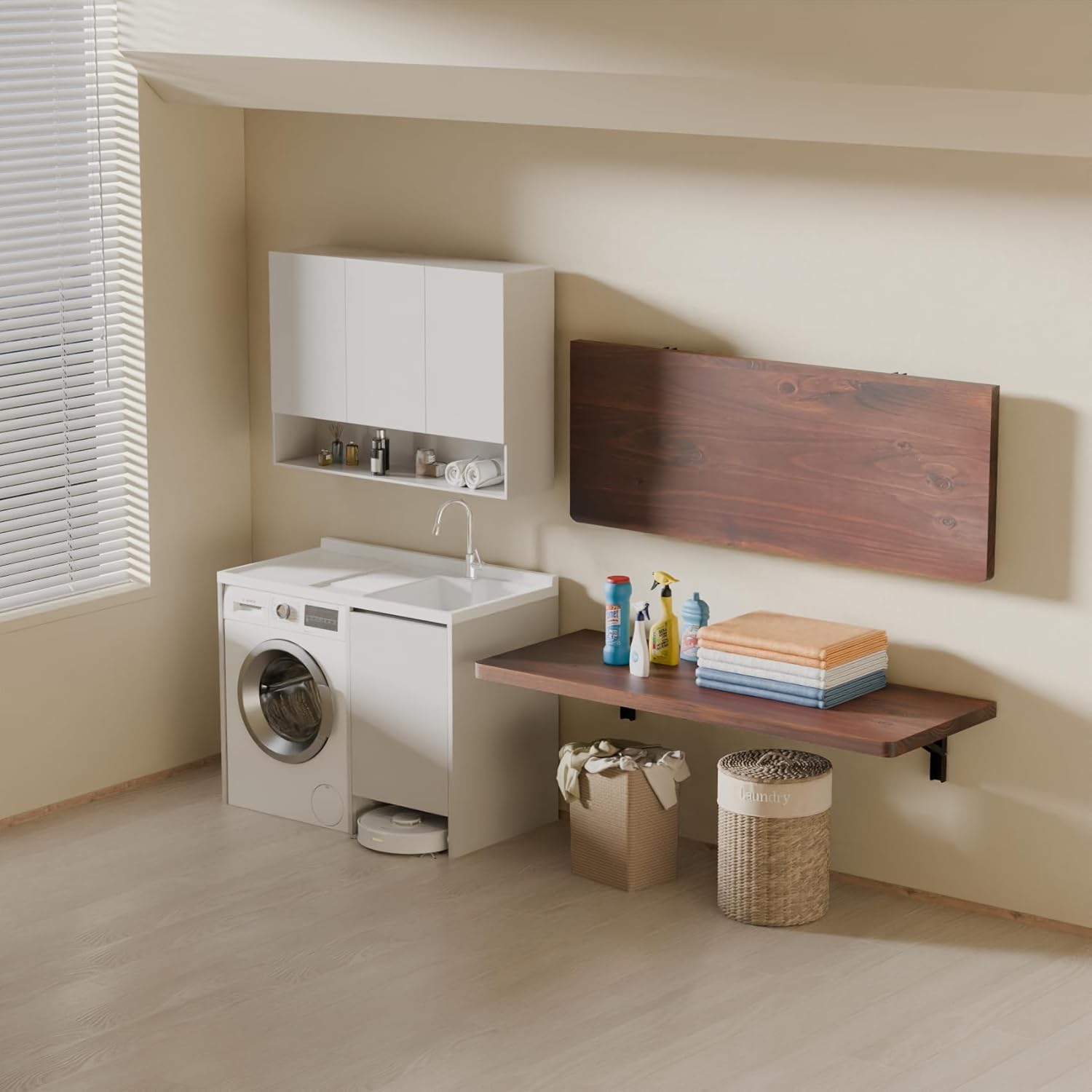 IAE Wall Mounted Folding Table with Pine Wood,36" x 14" Floating Wall Desk,Laundry Folding Table with Shelf Brackets,Fold Down Desk Shelf,Fold Workbench for Apartments,Home,Laundry Room,Kitchen,Brown