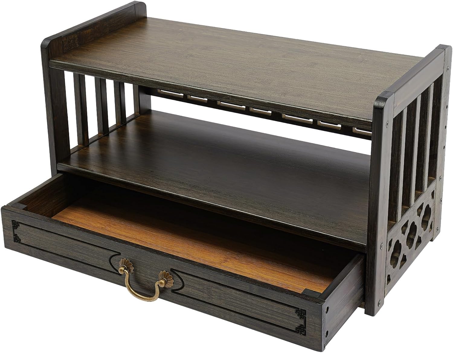 Altar Table with Drawer, Altar Shelf & Meditation Table for Spiritual, Bamboo Puja Table for Home, Buddha Statues, Books, Ritual Items (20.4" W x 9.8" D x 11" H, Walnut Color)