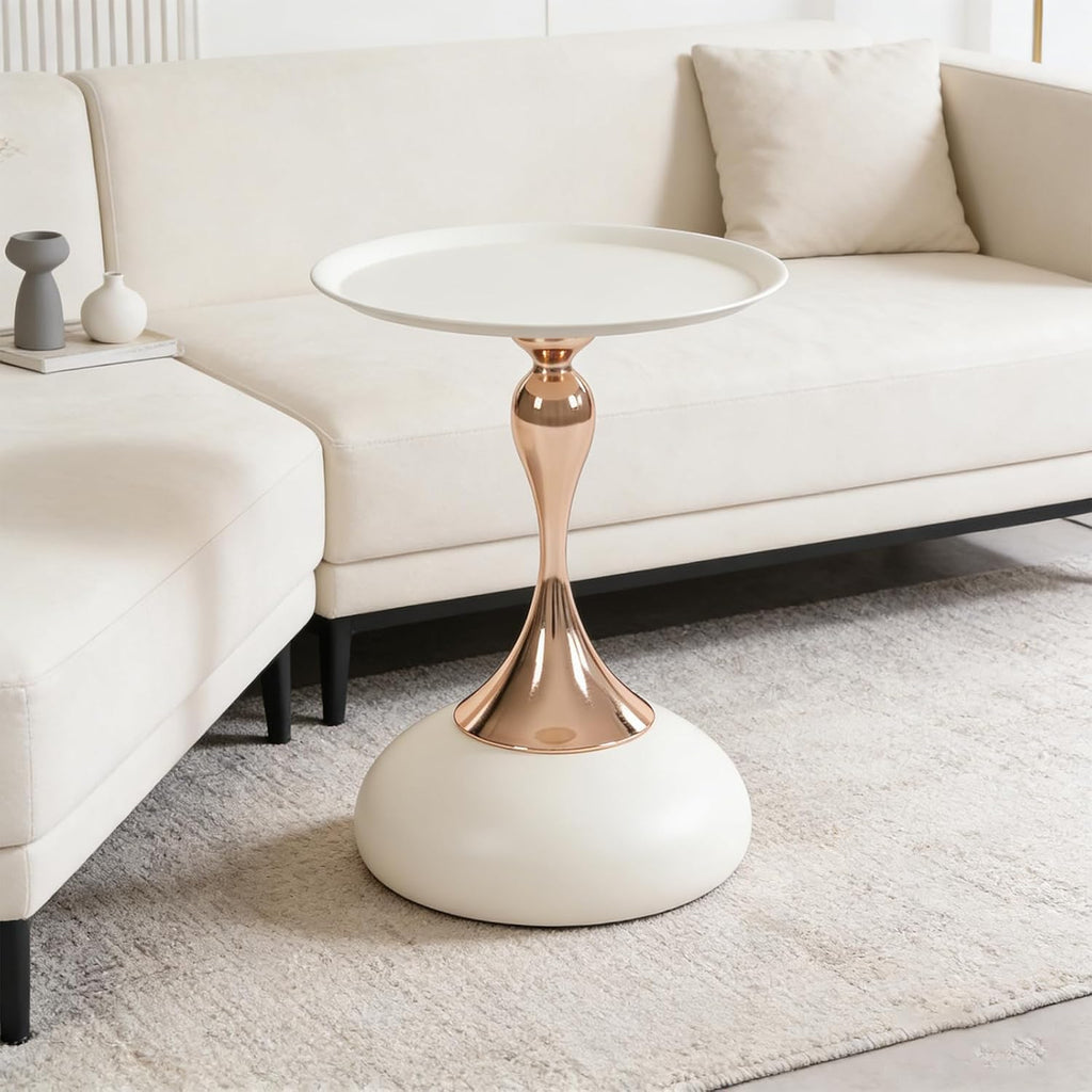 Small Round Side Table, 21.7" H Pedestal Metal End Table for Small Spaces Modern Simple Drink Table White Gold Martini Table for Living Room Bedroom (White)