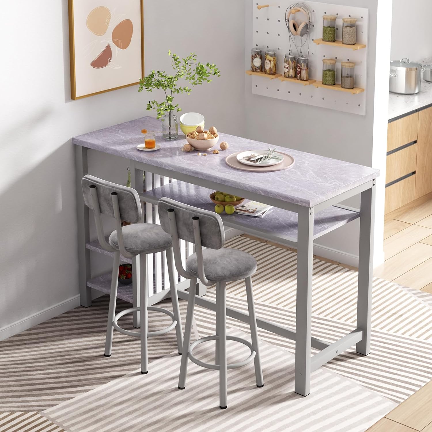 AWQM 3-Piece Bar Table and Chairs Set, Modern Gray Table with 2 PU Cushion Bar Stools, Kitchen Counter with 3 Tier Storage Shelves, Space Saving Table for Home & Kitchen, Black Frame