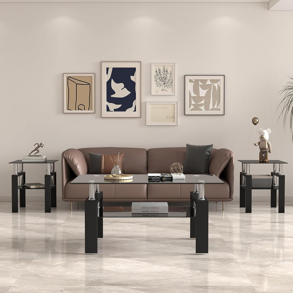 Black Glass Coffee Table Set of 3 Piece, Living Room Tables Set of 3 Pcs, Including 1 Coffee Table and 2 End Side Tables, Metal Frame, Tempered Glass, for Small Space and Home office, Apartment