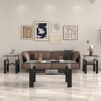 Black Glass Coffee Table Set of 3 Piece, Living Room Tables Set of 3 Pcs, Including 1 Coffee Table and 2 End Side Tables, Metal Frame, Tempered Glass, for Small Space and Home office, Apartment