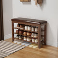 AQIMUELE Shoe Bench with Leather Cushion, 3 Tiers Shoe Storage Bench Height Adjustable, Walnut Wood Entryway Bench for Hallway, Mudroom