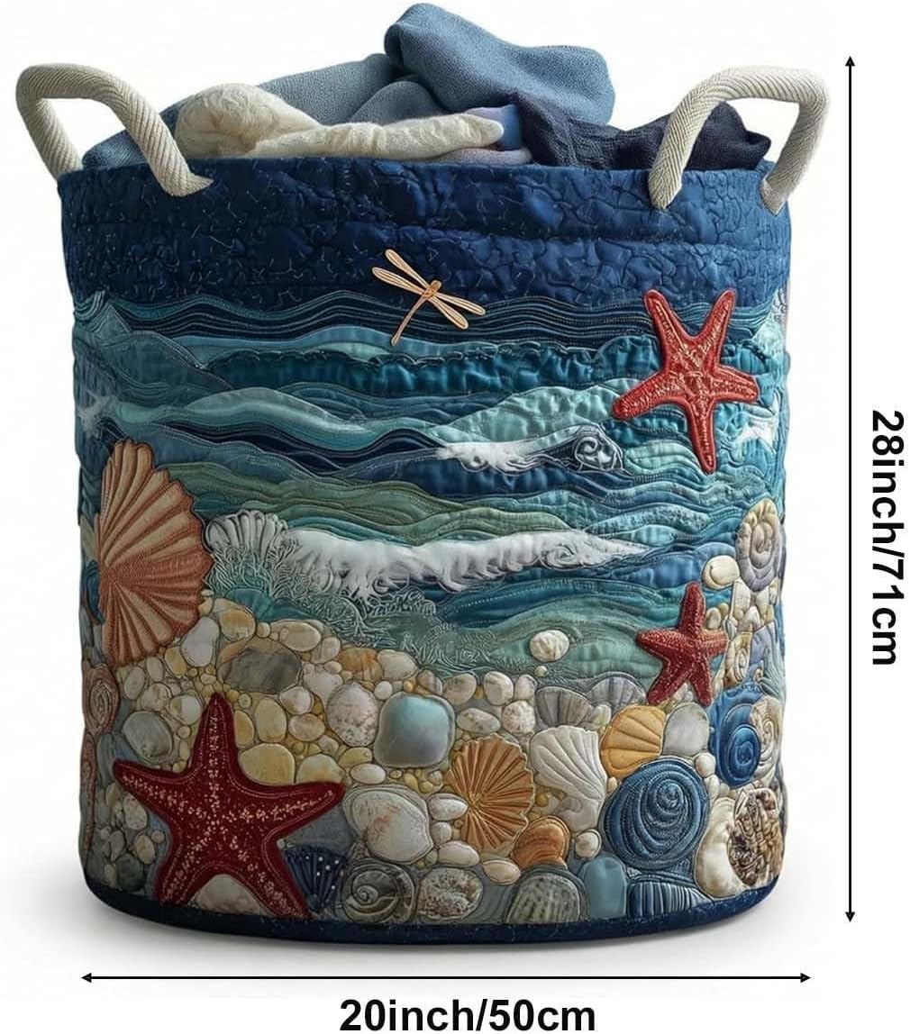 Quilted Laundry Basket with Handles Boho Fabric Storage Hamper Large Foldable Soft Storage Baskets Lightweight Multi-functional Organizer for Nursery Laundry Room Dirty Clothes Toys (Ocean)