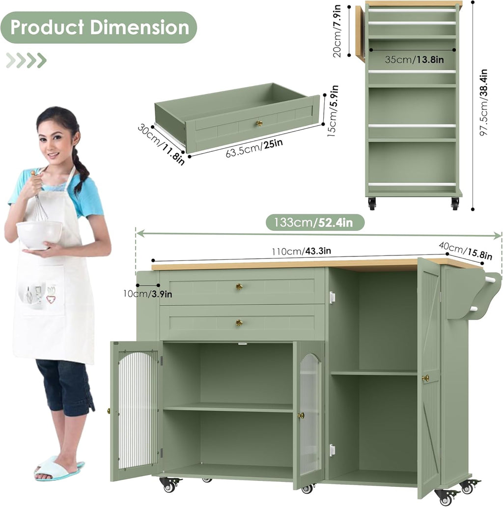FINETONES Kitchen Island with Storage, Rolling Kitchen Island on Wheels with Wood Drop Leaf Countertop, Island Table Bar Cart with Spice Towel Rack Portable Kitchen Table Kitchen Carts on Wheels