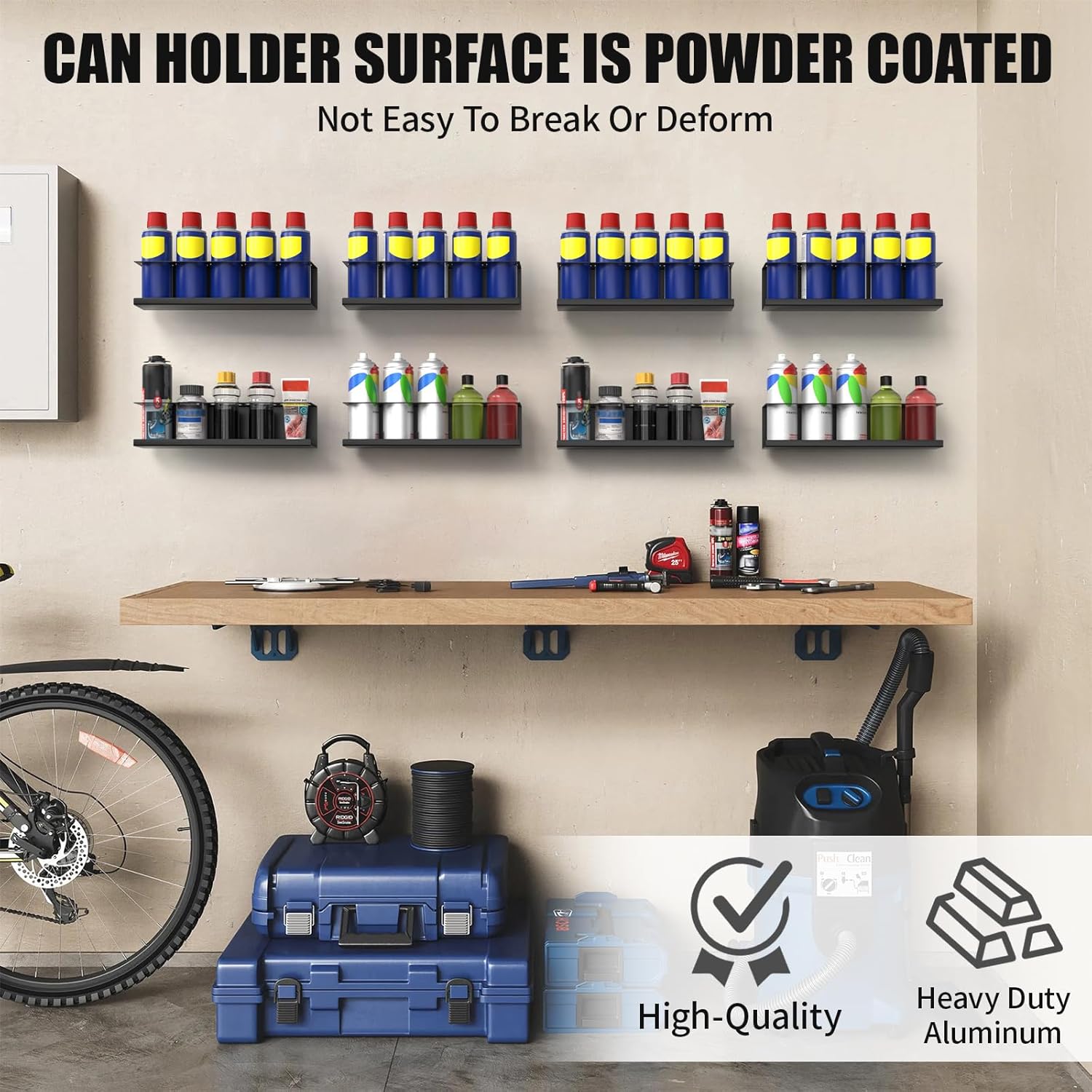 Riciakik 8 Pack Spray Bottle Holder Wall-Mounted, Aerosol Spray Can Holder Storage Rack, Heavy-Duty Paint Bottle Organizer with 40 Holes, Steel Black Spray Rack for Garage, Shop, Home or Tool Trailer