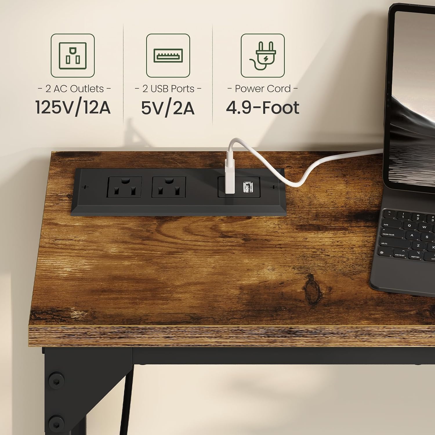 CHOEZON 29.5" Narrow Console Table with Adjustable Height (21.1"-29.9"), Behind Couch Table, Entryway Table with Power Outlet, Narrow Sofa Table, for Entryway, Rustic Brown and Black TXG10UBF