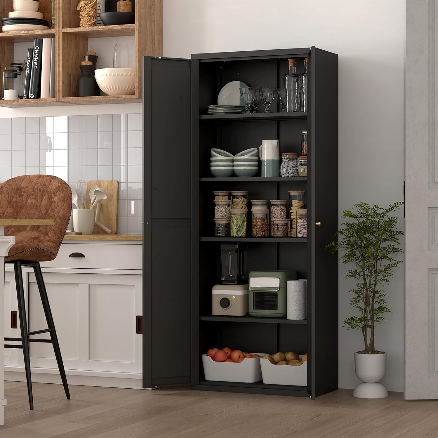 Pantry Cabinet,Tall Kitchen Pantry Storage Cabinet with 2 Doors,Kitchen Cabinet Storage with 4 Adjustable Shelves for Living Room,Dining Room,Black