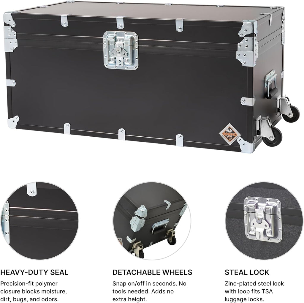 Rhino Trunk & Case XL Indestructo Travel Trunk Luggage With Wheels - 35"x19"x16" Heavy-Duty USA Made Road Case, Strong Flight Cases, ATA Case Style Footlocker, or Secure College Dorm Storage Chest