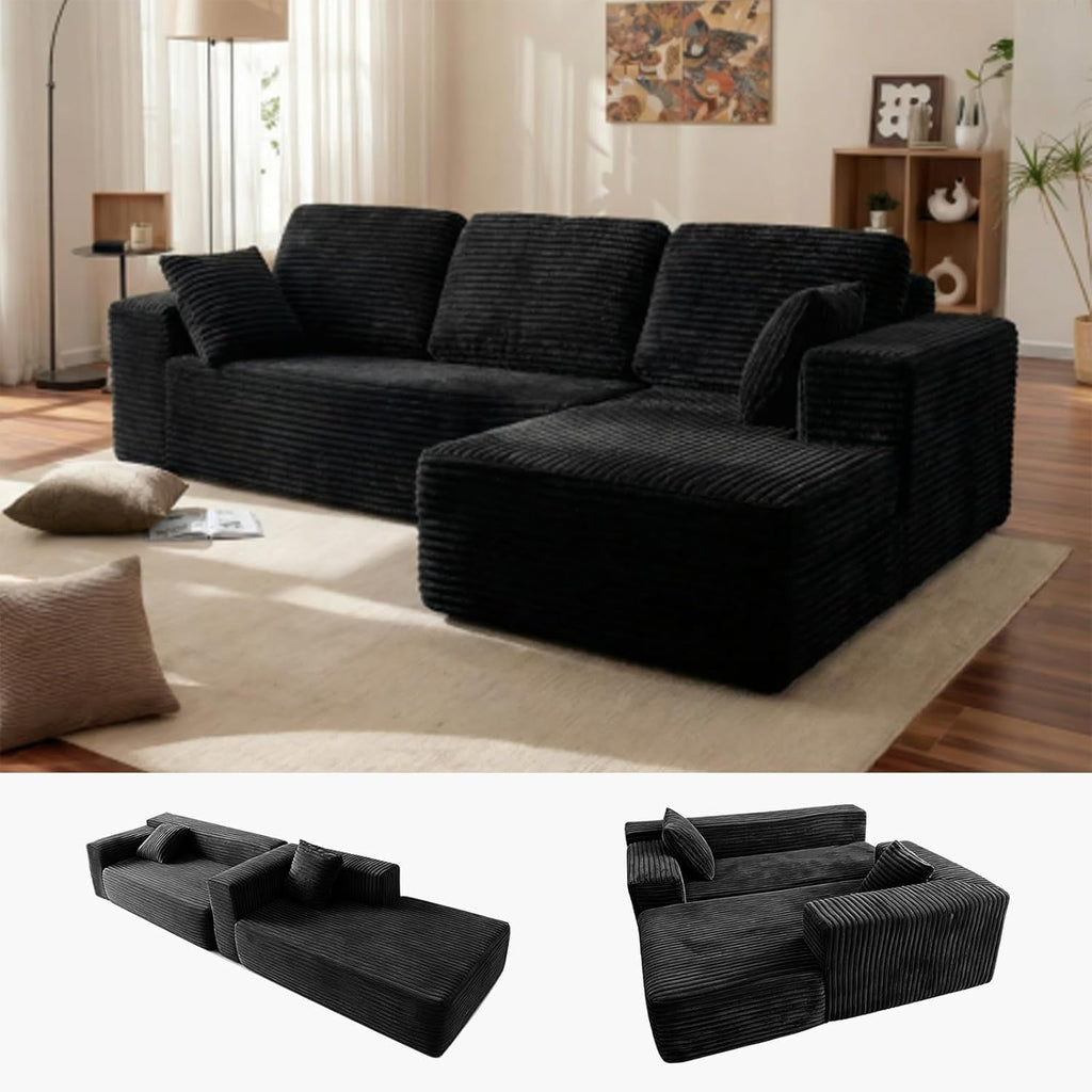 Modular Boneless L Shaped Sectional Couch, Cloud Style Sofa with Deep Seat Cushions, Sofa for Living Room and Apartment, Easy Assembly Couch in a Box (Black, 96" L Shape with Right Facing Chaise)