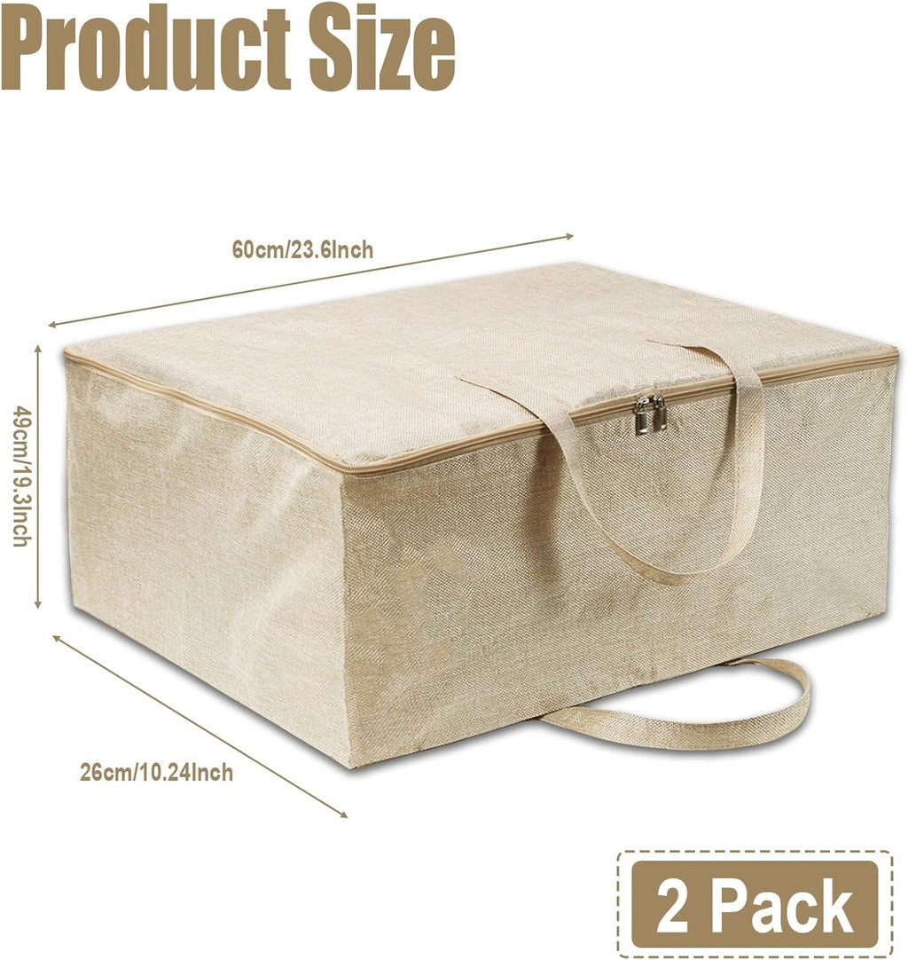 2 Pack Soft Canvas Storage Bag, 23.6x10.2x19.3 inch Large Comforter Organizer, Breathable Closet Organizer Bag with Handles, Comforter Storage Bags for Blankets Bedding Clothes Pillows, Beige