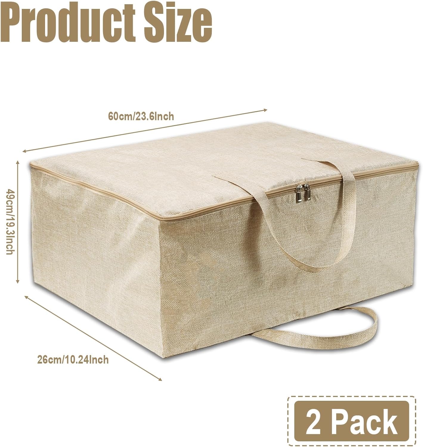 2 Pack Soft Canvas Storage Bag, 23.6x10.2x19.3 inch Large Comforter Organizer, Breathable Closet Organizer Bag with Handles, Comforter Storage Bags for Blankets Bedding Clothes Pillows, Beige