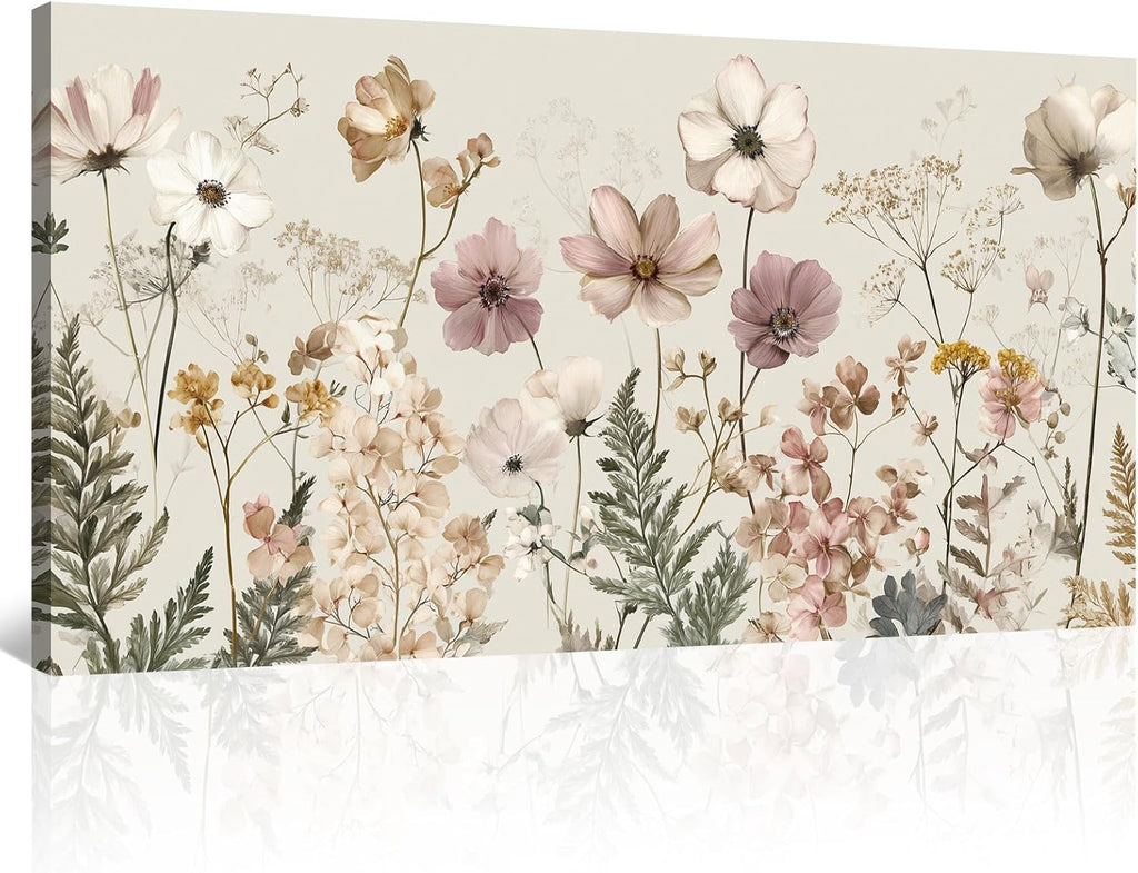 BewDalky Vintage Wildflower Canvas Wall Art Rustic Farmhouse Botanical Floral Landscape Painting Beige Pink Watercolor Meadow Flower Artwork Prints for Bedroom Living Room Aesthetic Home Decor 12"x24"