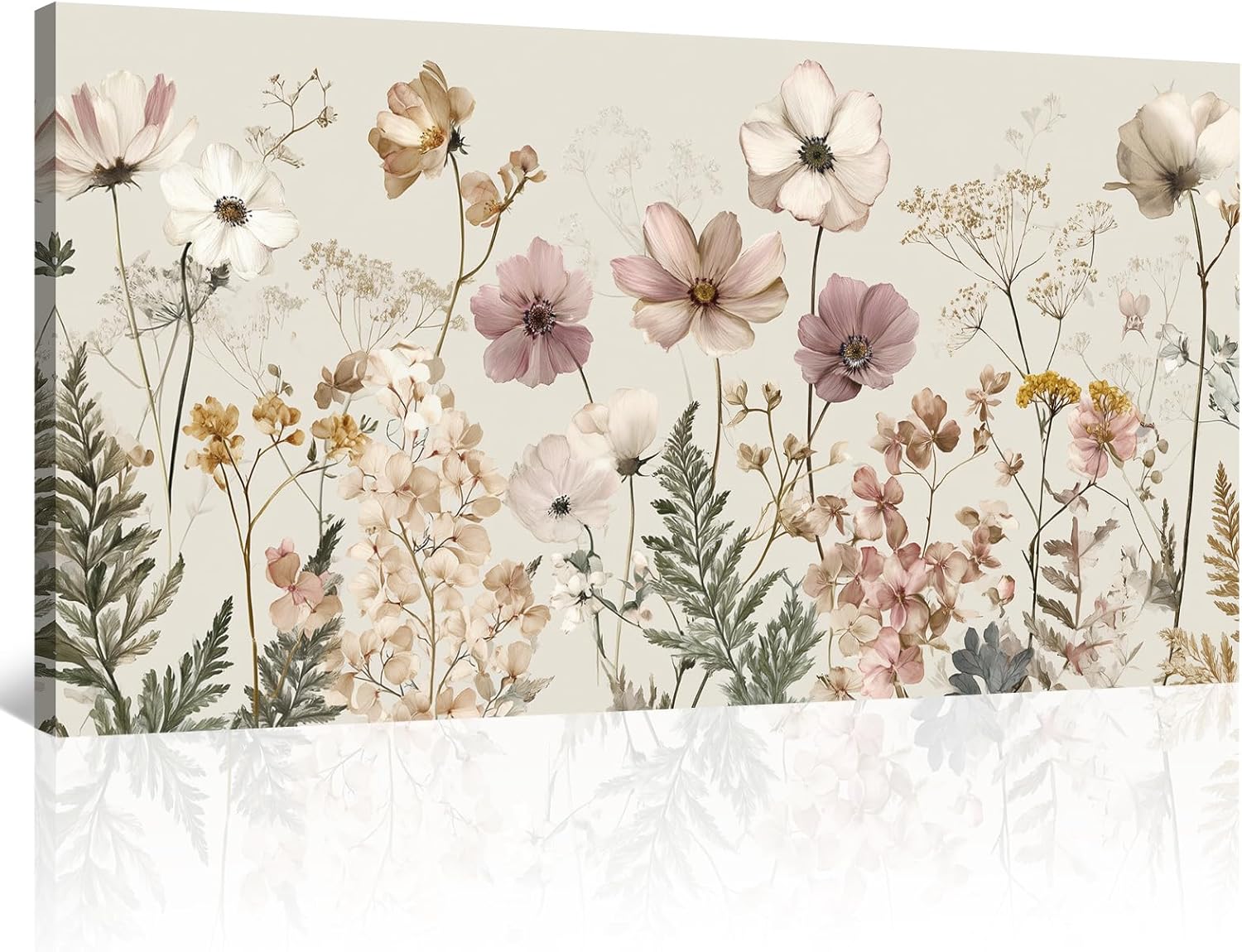 BewDalky Vintage Wildflower Canvas Wall Art Rustic Farmhouse Botanical Floral Landscape Painting Beige Pink Watercolor Meadow Flower Artwork Prints for Bedroom Living Room Aesthetic Home Decor 12"x24"