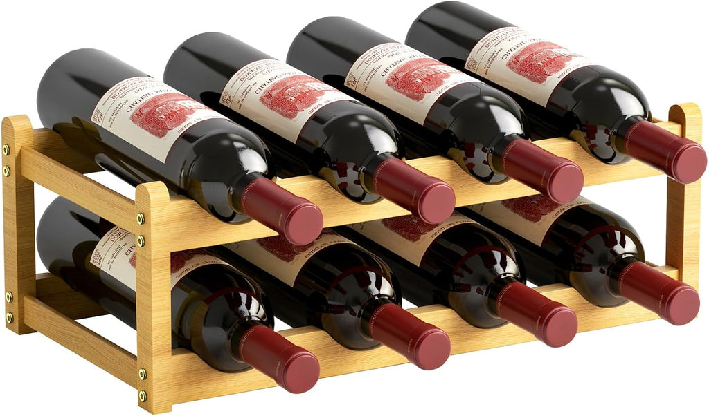 Nuovoware Bamboo Wine Rack, 2-Tier 8 Bottles Stackable Wine Rack with Wavy Groove, Sturdy Freestanding Countertop Shelf for Kitchen Pantry Dining Room Basement Bar Cellar, Wood Color