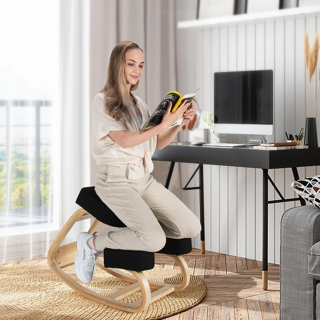 Ergonomic Kneeling Chair, Rocking Posture Desk Chair with Soft Padding, Natural Relief for Neck, Shoulder or Back Pain, Wooden Knee Chair for Home Office