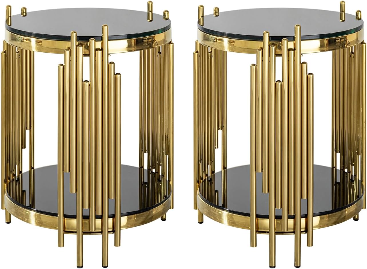Set of 2 Modern Luxury 2-Tier Round End Tables, Black Tempered Glass Tops, Gold Stainless Steel Frames, Small Elegant Side Tables for Living Room, Bedroom, Office, or Café