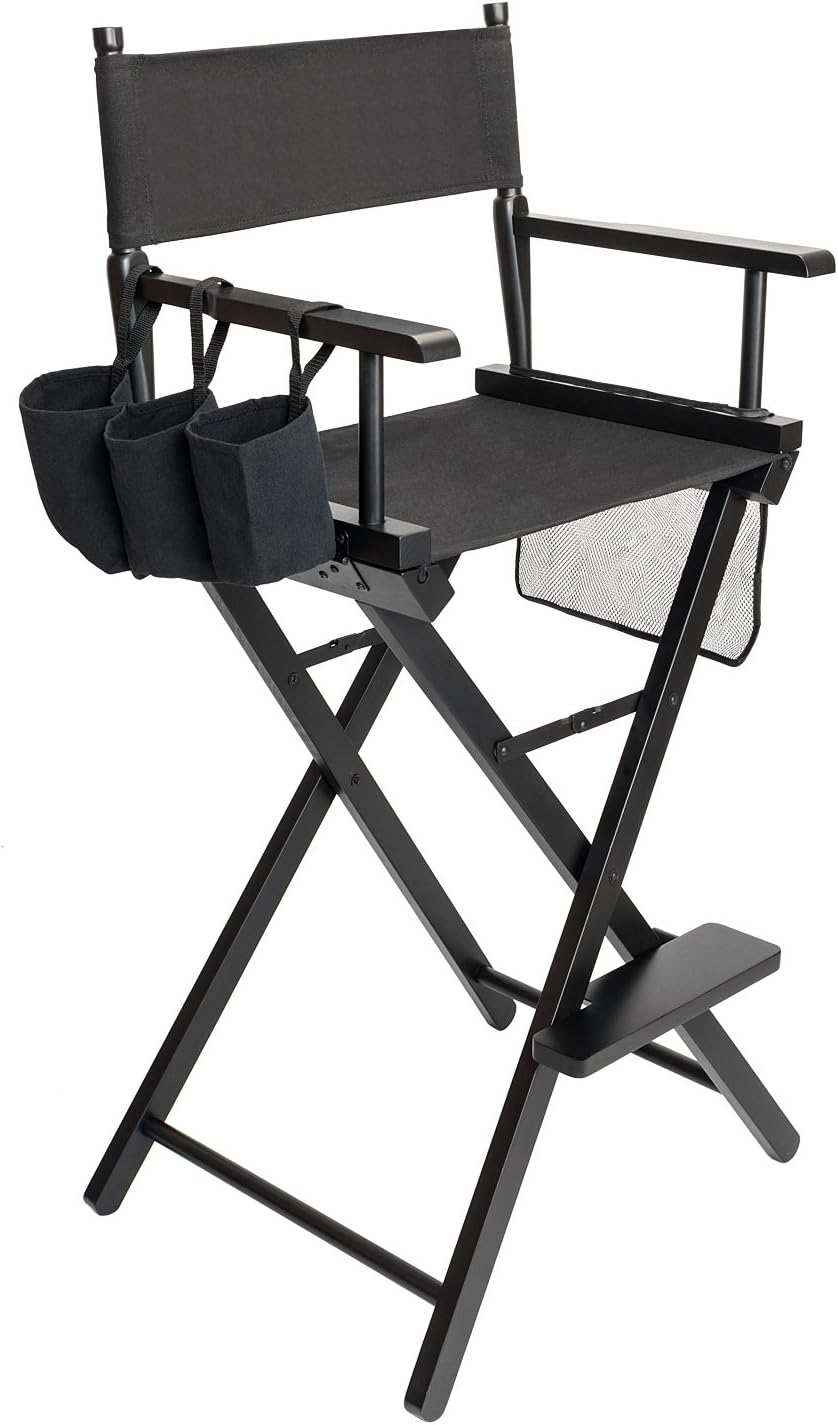 mefeir 31" Height Tall Directors Chairs, Folding Artist Makeup with Replacement Cover, Storage Side Bags, Footrest, Support 250 lbs, Solid Hardwood & Polyester Black Canvas