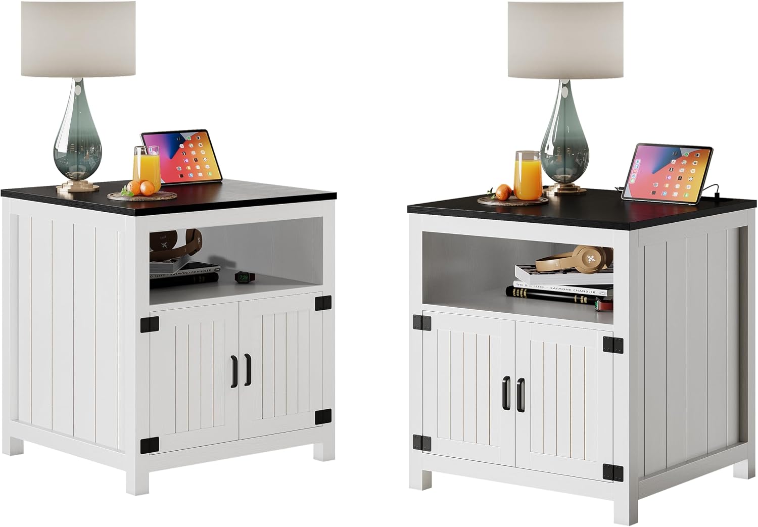 24" Farmhouse End Table Set of 2 with Charging Station, Large Square Side Table with Open Shelf and Barn Door Storage for Living Room, Bedroom (White)