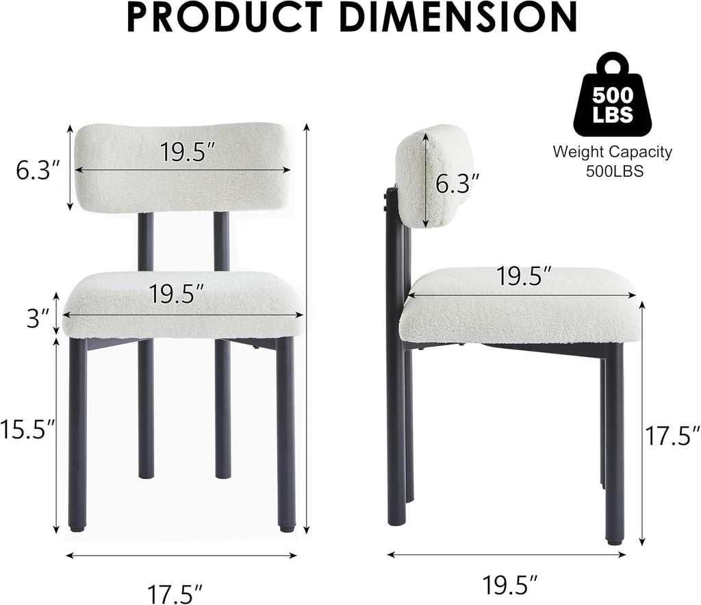 Boucle Dining Chairs Set of 4, Modern Upholstered Dining Room Chair with Curved Backrest, Sherpa Kitchen Chairs with Cushioned Seat and Black Metal Legs for Living Room Bedroom Vanity, Cream