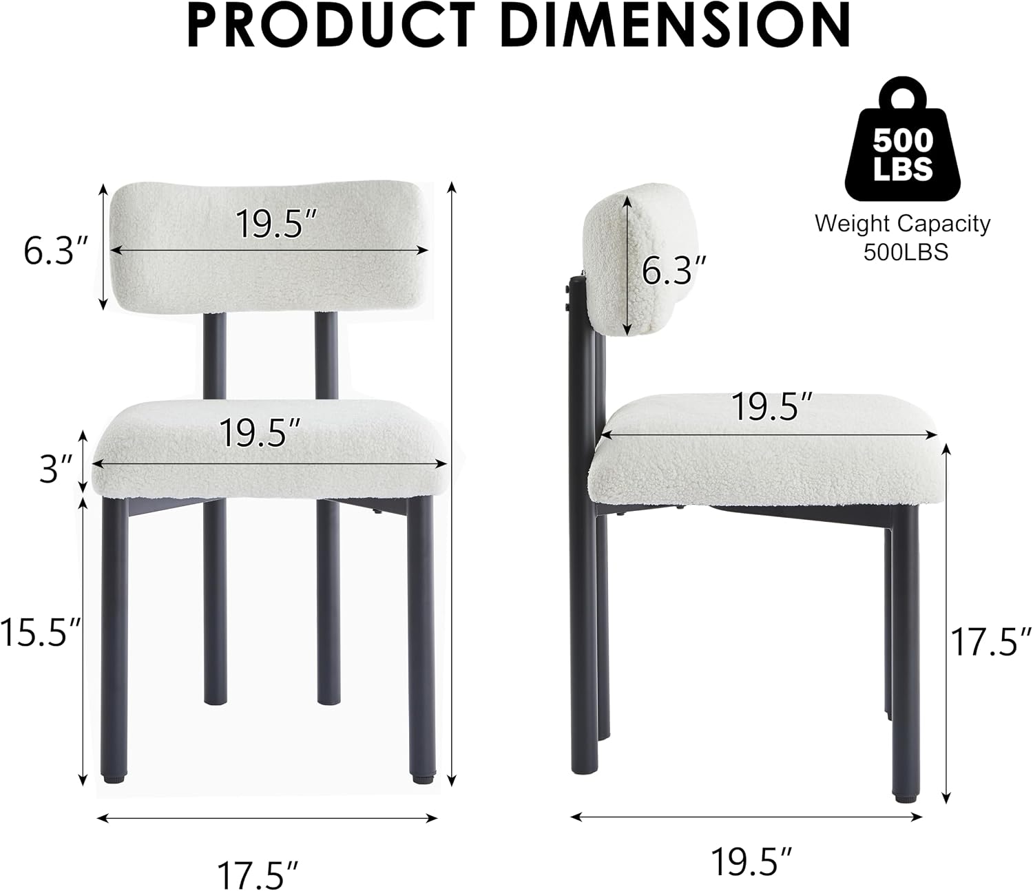 Boucle Dining Chairs Set of 4, Modern Upholstered Dining Room Chair with Curved Backrest, Sherpa Kitchen Chairs with Cushioned Seat and Black Metal Legs for Living Room Bedroom Vanity, Cream