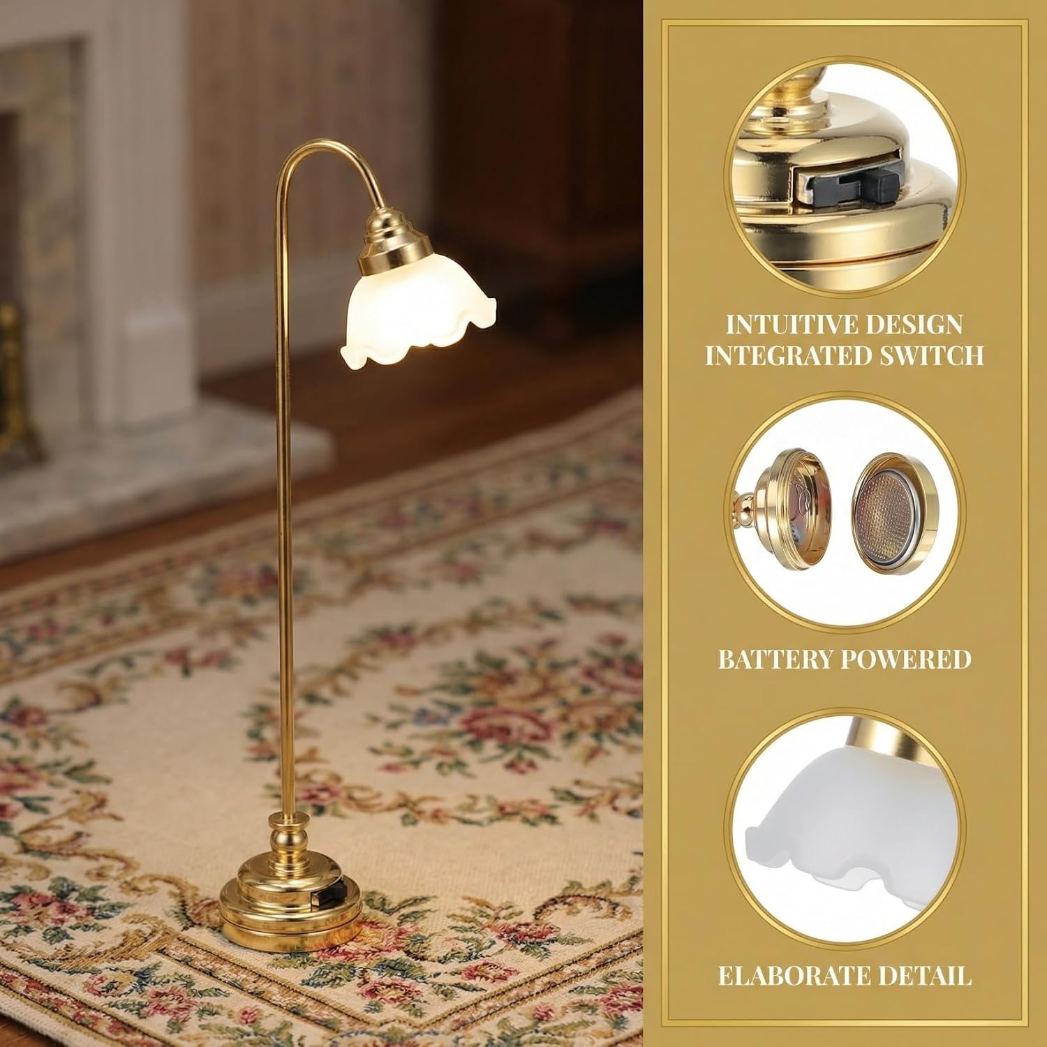 2 Pcs Miniature Dollhouse Floor Lamp, 1/12 Scale Battery Operated Mini Lamps, LED Lighting for Doll House Furniture Accessories, Gold Flower Shade Room Deco