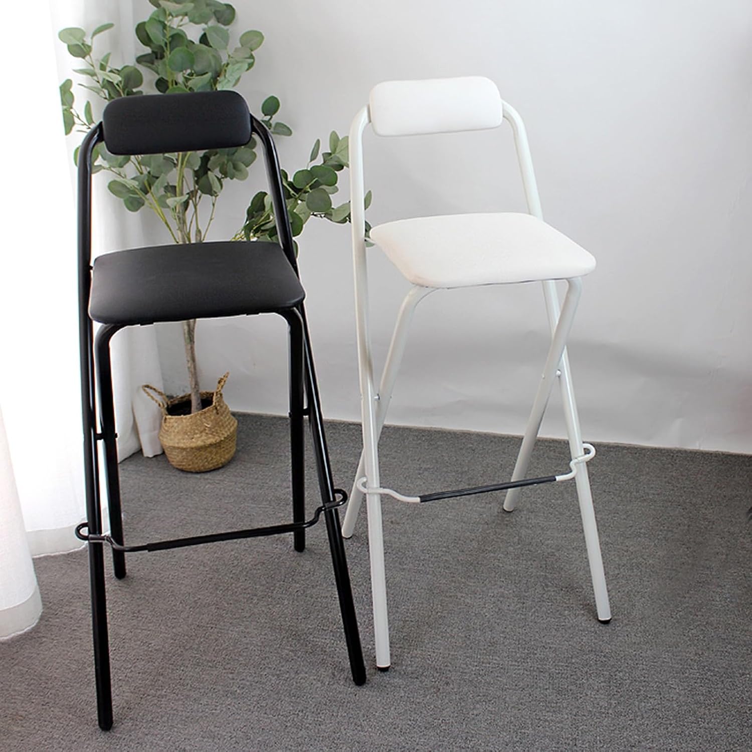 Folding Bar Stool with Backrest, Set of 2 Portable Folding Stool Chair PU Sponge Seat Tall Bar Stools - 300 lbs Capacity (Color : White, Size : Seat Height 27")