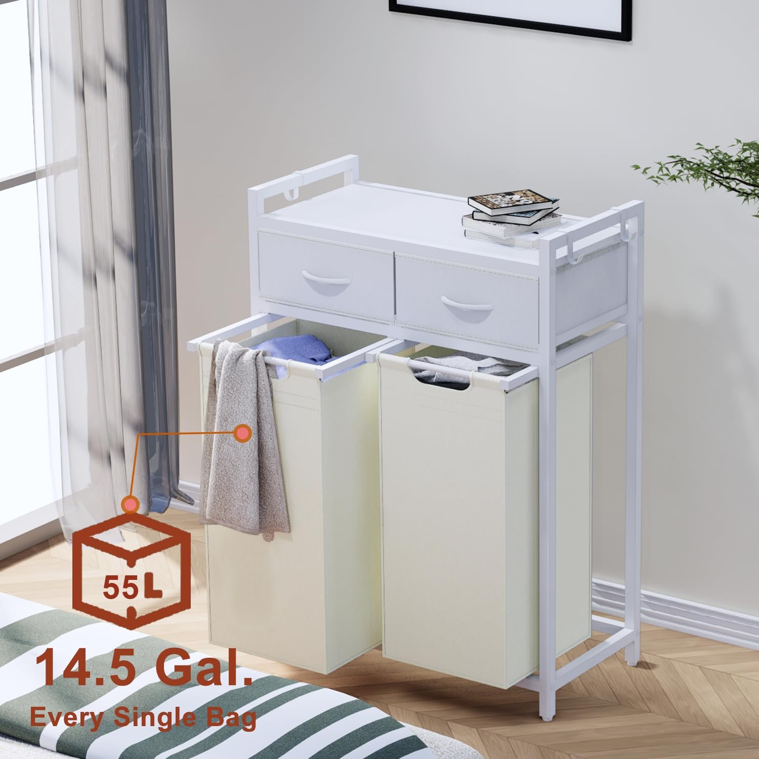 Timberer Laundry Hamper, Laundry Sorter 2 Section, Rolling Laundry Basket with Wheels, 2 Drawers, 2 × 14.5 Gal (55 L), Pull-Out and Removable Oxford Fabric Bags, White and Beige