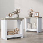 End Tables Set of 2 for Living Room, Narrow Side Tables with Storage Shelves, Square End Table for Bedroom, Slim Nightstand, Skinny Rectangle Accent Table, Farmhouse Bedside Table, White + Gray