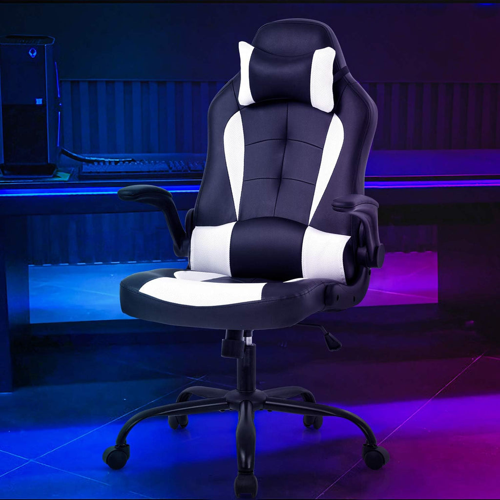 FDW Gaming Chair Racing Style Office Chair High Back Desk Chair Executive PU Leather Rolling Task Swivel Computer Chair with Lumbar Support Headrest, White