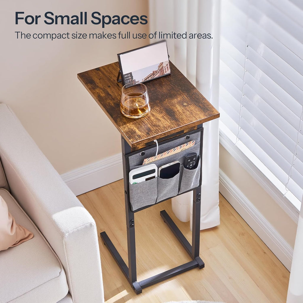 HOOBRO C Shaped Side Tables with Charging Station, Set of 2, Slide Under Couch Tables, 27.8" Tall Side Tables for Sofa Arm with Fabric Storage Pocket, for Living Room, Rustic Brown BF73USFP201