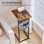 HOOBRO C Shaped Side Tables with Charging Station, Set of 2, Slide Under Couch Tables, 27.8" Tall Side Tables for Sofa Arm with Fabric Storage Pocket, for Living Room, Rustic Brown BF73USFP201