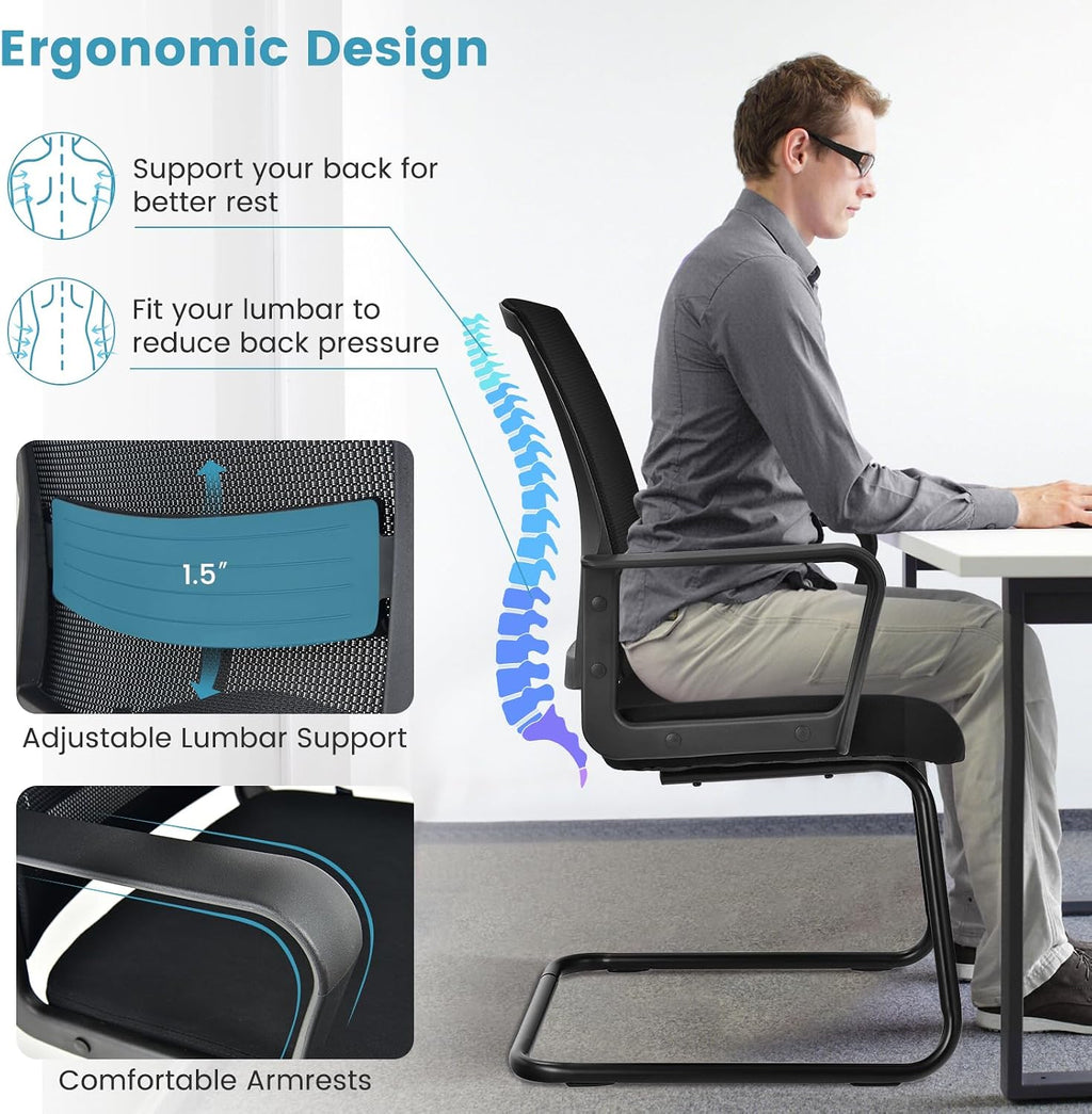 HAPPYGRILL Conference Chair Set of 2, Ergonomic Mid-Back Mesh Office Chair w/Adjustable Lumbar Support, Upholstered Seat & Metal Sled Base, Guest Reception Chairs for Home Office, Waiting Room