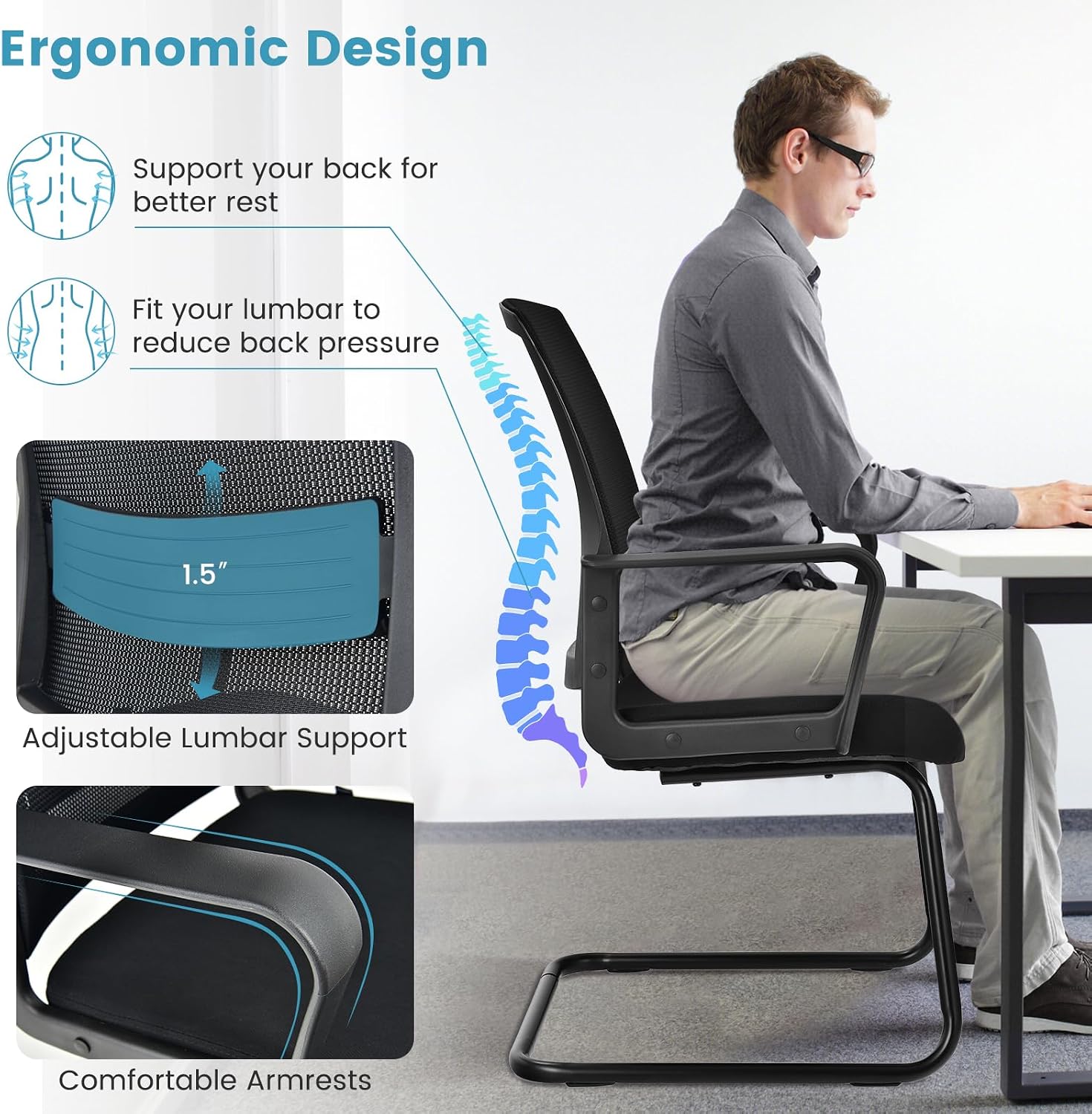 HAPPYGRILL Conference Chair Set of 2, Ergonomic Mid-Back Mesh Office Chair w/Adjustable Lumbar Support, Upholstered Seat & Metal Sled Base, Guest Reception Chairs for Home Office, Waiting Room