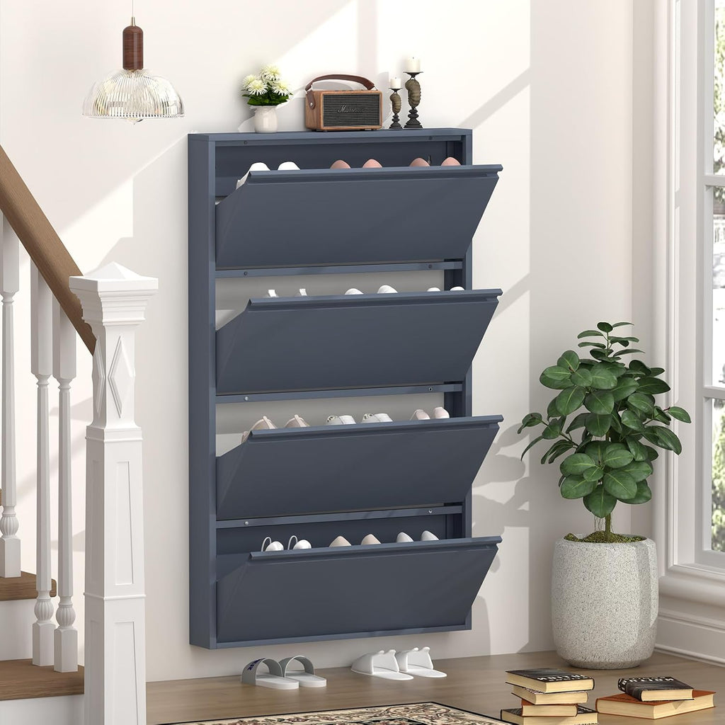 GREATMEET Shoe Cabinet with 4 Flip Drawers, Slim Metal Shoe Cabinet Storage for Entryway, Hidden Narrow Shoe Rack Organizer Cabinets Wall Mount for Living Room, Bedroom, Hallway, Blue
