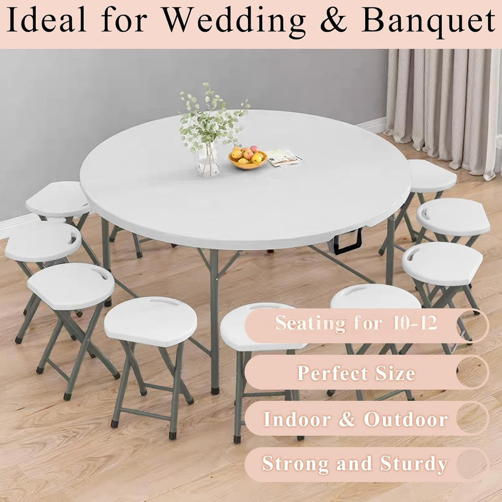 5 FT Round Folding Tables with Carrying Handle 60 inch Heavy Duty Portable Plastic Commercial Table Steel Legs for Party, Dining, Wedding, Events, Picnic Indoor, Outdoor (White,1 Pack)