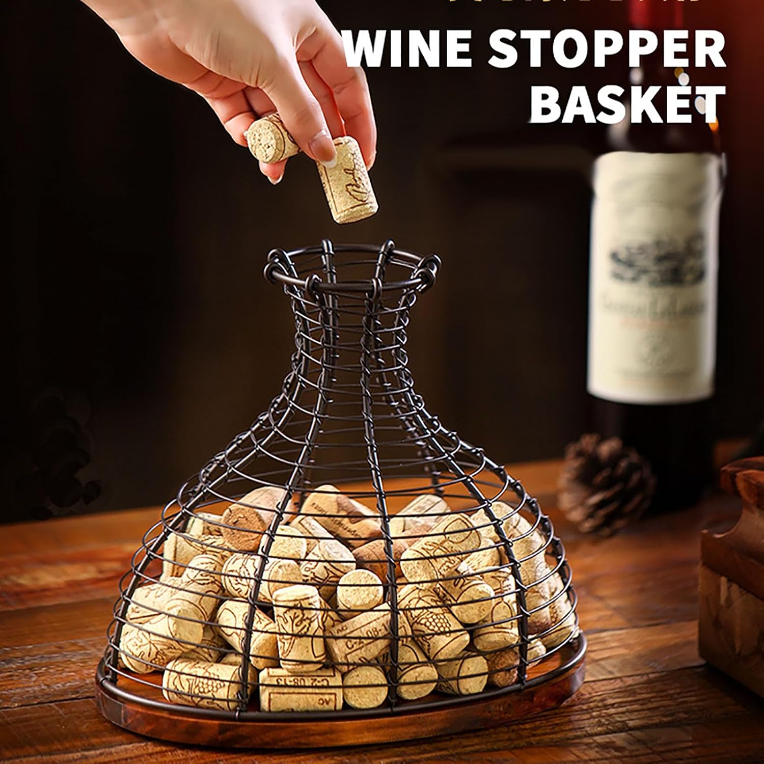 Wine Cork Holder Decorative Wine Stopper Container Wine Cork Storage with Wooden Bottom Cork Collector Basket Kitchen Decor for Wine Lover Gift (Rustic Bronze)